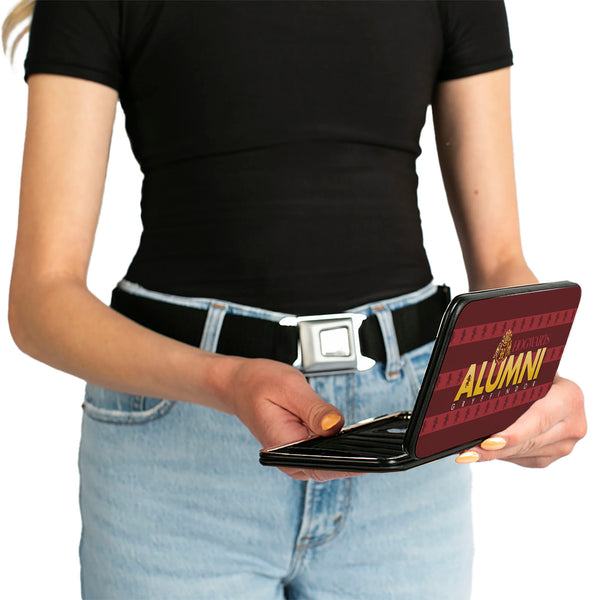 Buckle-Down Hinged Wallet - HOGWARTS ALUMNI GRYFFINDOR + Initial Monogram/Lion Icon Stripe Burgundy Reds/Golds/White