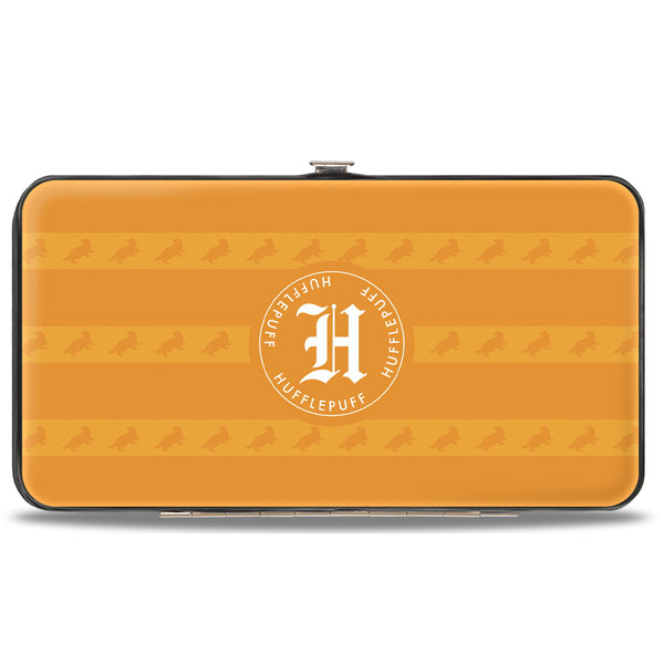 Buckle-Down Hinged Wallet - HOGWARTS ALUMNI HUFFLEPUFF + Initial Monogram Badger Icon Stripe Golds White Grays