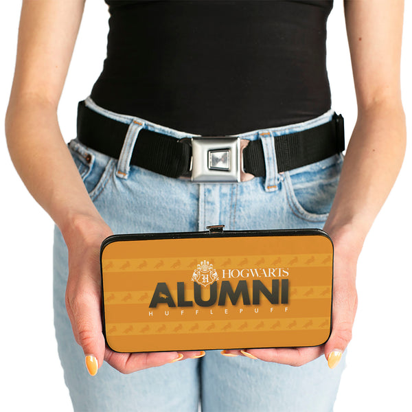 Buckle-Down Hinged Wallet - HOGWARTS ALUMNI HUFFLEPUFF + Initial Monogram Badger Icon Stripe Golds White Grays