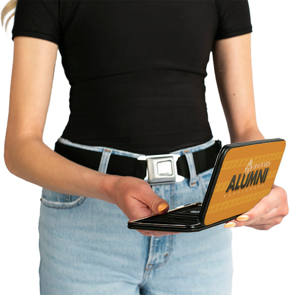 Buckle-Down Hinged Wallet - HOGWARTS ALUMNI HUFFLEPUFF + Initial Monogram Badger Icon Stripe Golds White Grays