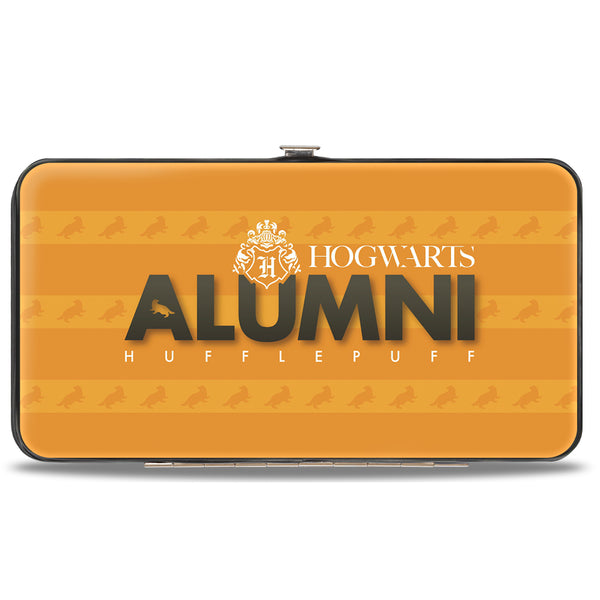 Buckle-Down Hinged Wallet - HOGWARTS ALUMNI HUFFLEPUFF + Initial Monogram Badger Icon Stripe Golds White Grays