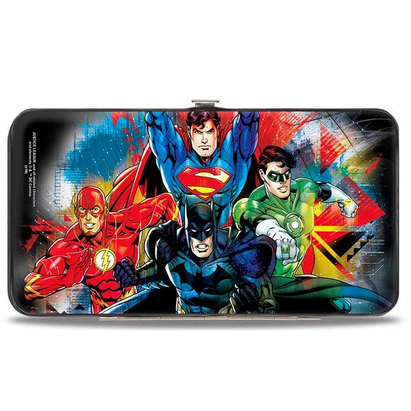 Buckle-Down Hinged Wallet - Justice League 4-Superhero C U Group Pose Splatter Black Multi Color