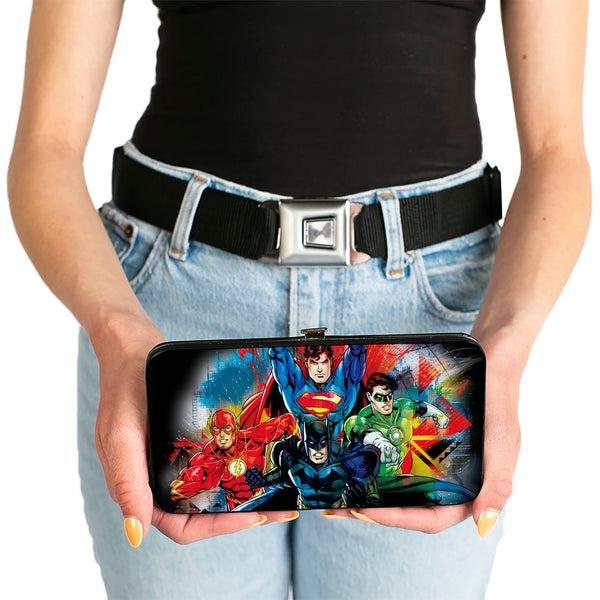 Buckle-Down Hinged Wallet - Justice League 4-Superhero C U Group Pose Splatter Black Multi Color