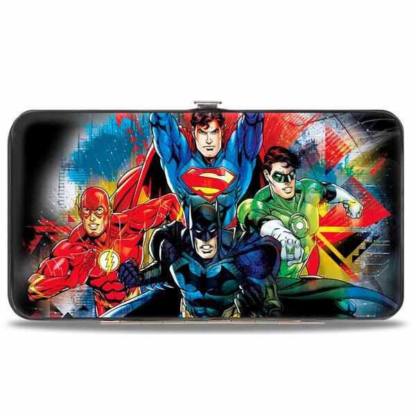 Buckle-Down Hinged Wallet - Justice League 4-Superhero C U Group Pose Splatter Black Multi Color