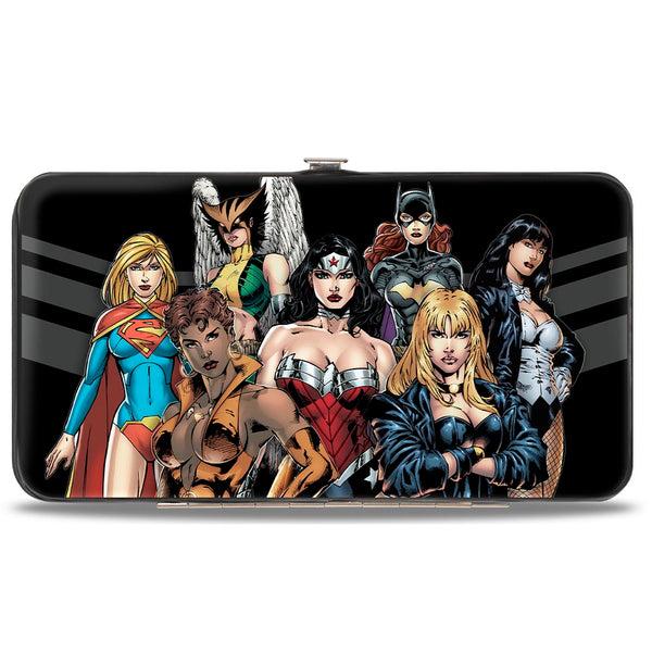 Buckle-Down Hinged Wallet - Justice League 7-Superheroine Group Pose + RELAX WE GOT THIS Stripe Black Gray