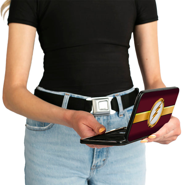 Buckle-Down Hinged Wallet - The Flash Logo10 Stripe Burgundy Golds White