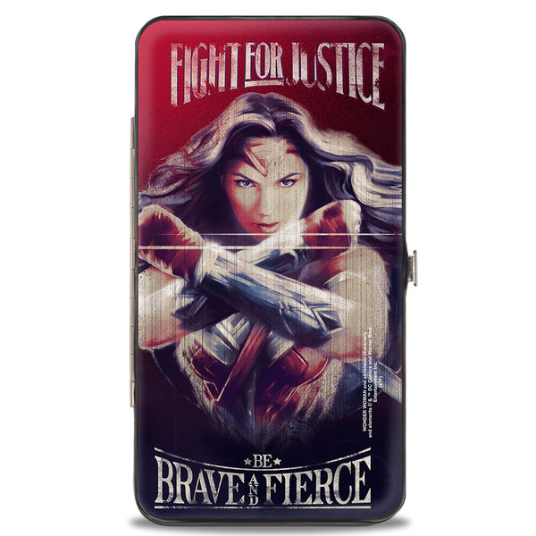 Buckle-Down Hinged Wallet - Wonder Woman Deflection Pose FIGHT FOR JUSTICE-BE BRAVE AND FIERCE Weathered Reds/Blues
