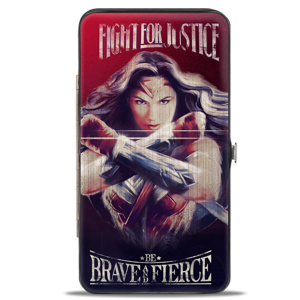 Buckle-Down Hinged Wallet - Wonder Woman Deflection Pose FIGHT FOR JUSTICE-BE BRAVE AND FIERCE Weathered Reds/Blues