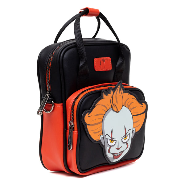 Buckle-Down Horror Movies Vegan Leather Cross Body Backpack For Men And Women With Adjustable Strap It Pennywise Smiling Face Applique