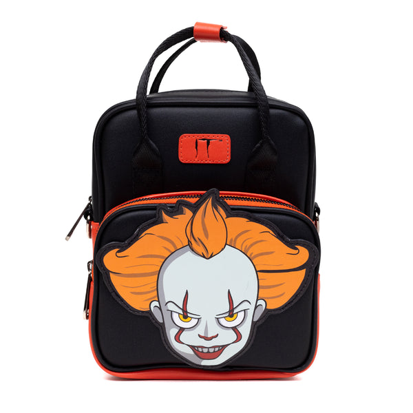 Buckle-Down Horror Movies Vegan Leather Cross Body Backpack for Men and Women with Adjustable Strap It Pennywise Smiling Face Applique
