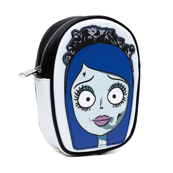 Buckle-Down Horror Movies Vegan Leather Cross Body Bag Emily The Corpse Bride Face Applique Pale Blue