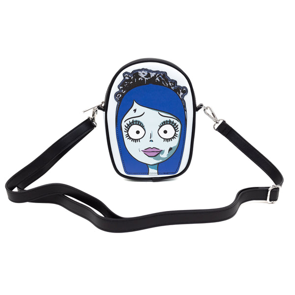 Buckle-Down Horror Movies Vegan Leather Cross Body Bag Emily The Corpse Bride Face Applique Pale Blue