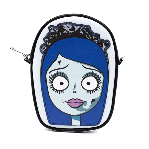 Buckle-Down Horror Movies Vegan Leather Cross Body Bag Emily the Corpse Bride Face Applique Pale Blue
