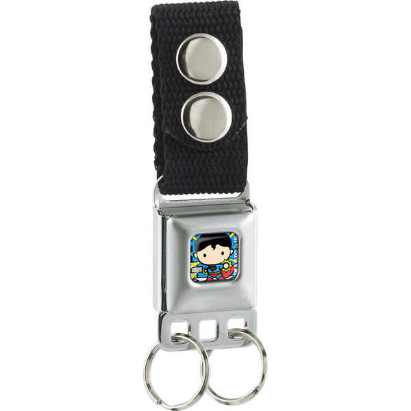Buckle-Down Keychain - Chibi Superman Action Pose Bricks Rays Full Color Gray Blue Yellow