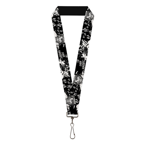 Buckle-Down Lanyard - 1.0" - Batman THE DARK KNIGHT and Joker Smiling Sketch Close-Ups Black/White