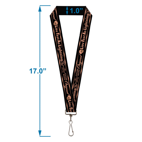 Buckle-Down Lanyard - 1.0" - BD Skull LIVE FAST AS LIGHTNING Black Light Orange