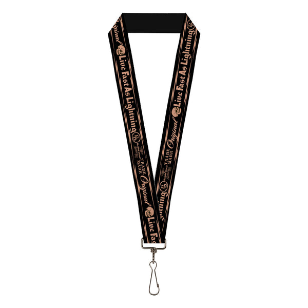 Buckle-Down Lanyard - 1.0" - BD Skull LIVE FAST AS LIGHTNING Black Light Orange