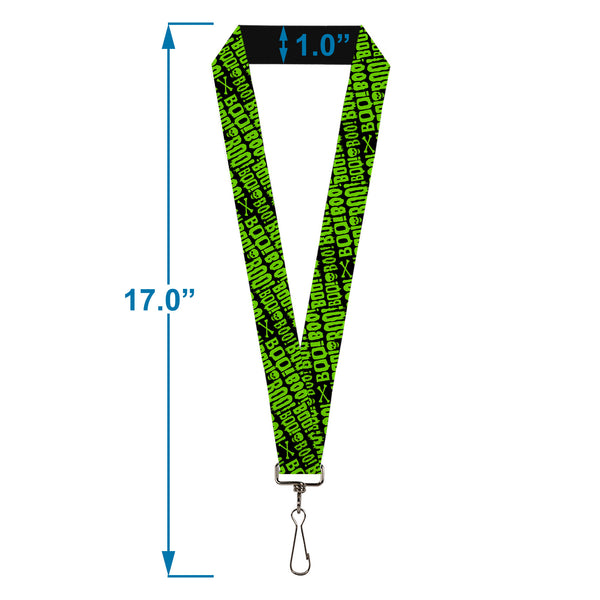 Buckle-Down Lanyard - 1.0" - BOO Text Skull And Crossbones Black/Green