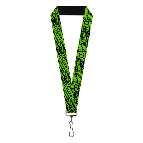 Buckle-Down Lanyard - 1.0" - BOO Text Skull and Crossbones Black/Green