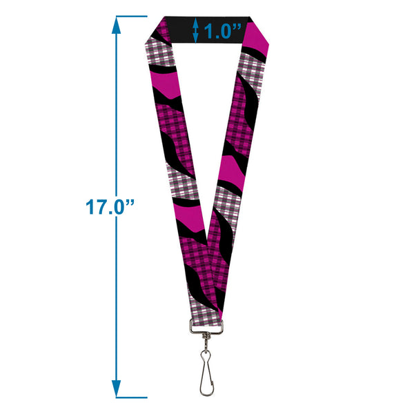 Buckle-Down Lanyard - 1.0" - Buffalo Plaid Abstract White Black Fuchsia