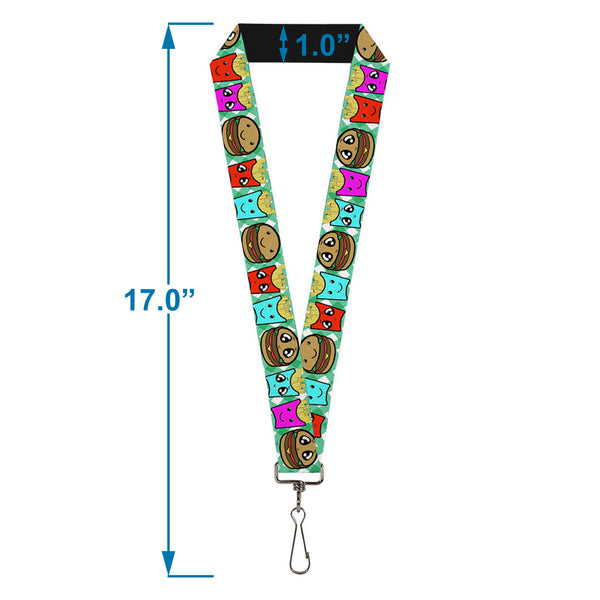 Buckle-Down Lanyard - 1.0" - Burger & Fries Cartoon Straight Green Tablecloth