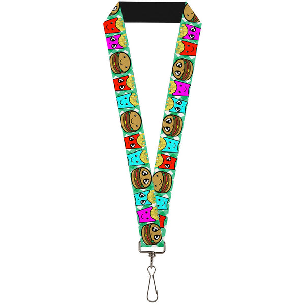 Buckle-Down Lanyard - 1.0" - Burger & Fries Cartoon Straight Green Tablecloth