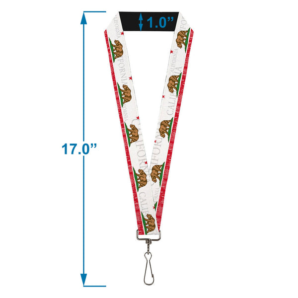 Buckle-Down Lanyard - 1.0" - CALIFORNIA Bear Star Crackle Stripe White Gray Red