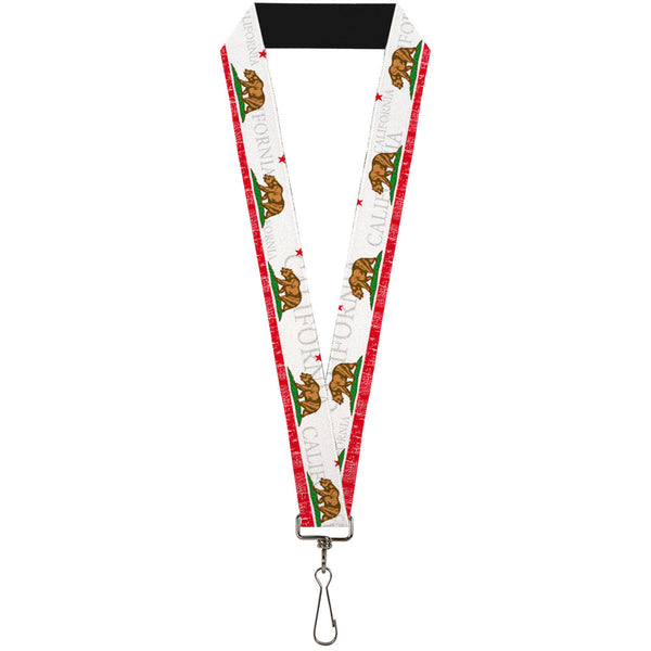Buckle-Down Lanyard - 1.0" - CALIFORNIA Bear Star Crackle Stripe White Gray Red