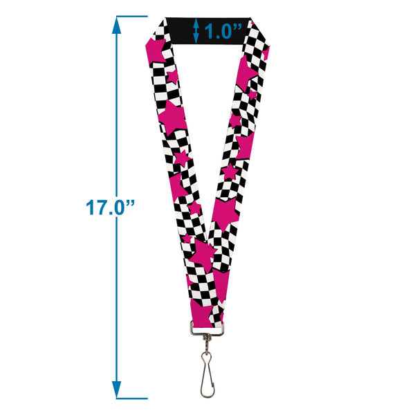 Buckle-Down Lanyard - 1.0" - Checker & Stars Black White Pink