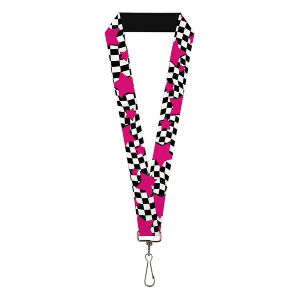 Buckle-Down Lanyard - 1.0" - Checker & Stars Black White Pink