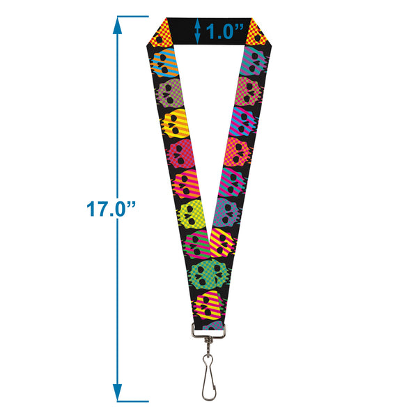 Buckle-Down Lanyard - 1.0" - Checker & Stripe Skulls Black Multi Neon