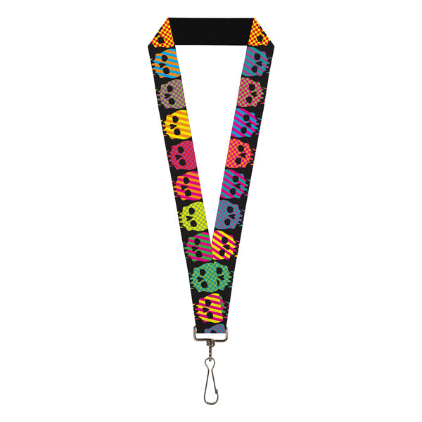 Buckle-Down Lanyard - 1.0" - Checker & Stripe Skulls Black Multi Neon