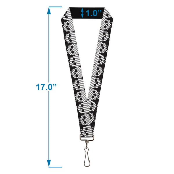 Buckle-Down Lanyard - 1.0" - Checker & Stripe Skulls Black White Gray