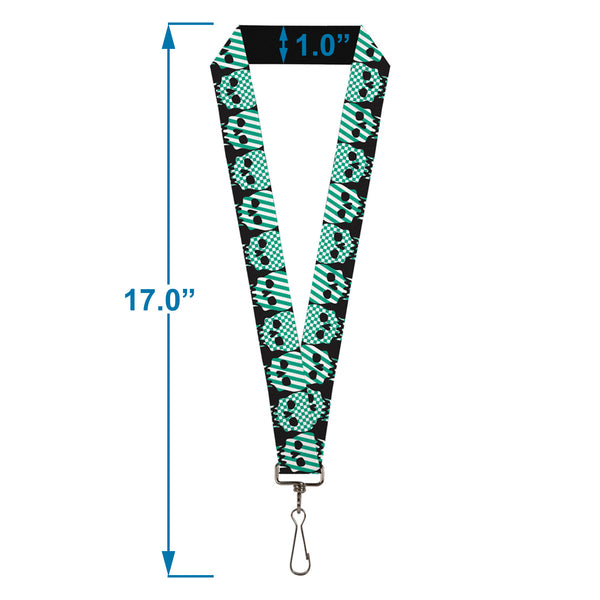 Buckle-Down Lanyard - 1.0" - Checker & Stripe Skulls Black White Green