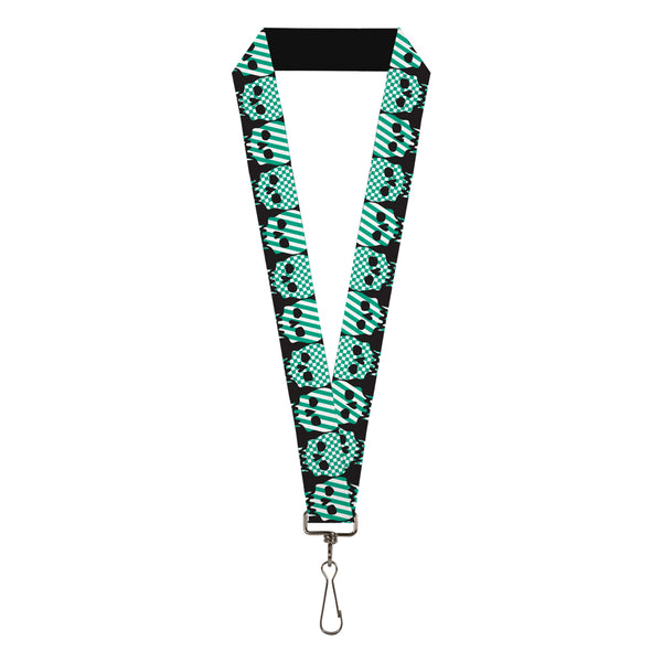 Buckle-Down Lanyard - 1.0" - Checker & Stripe Skulls Black White Green