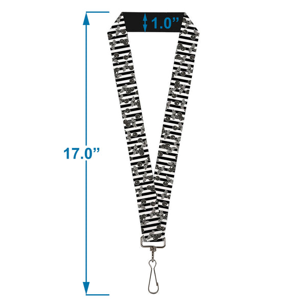 Buckle-Down Lanyard - 1.0" - Cherries Scattered Vertical Stripe White Black Grays