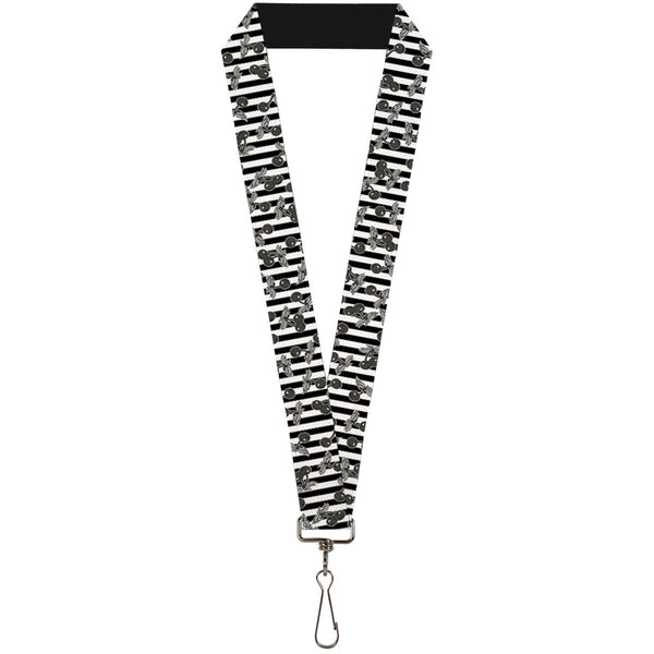 Buckle-Down Lanyard - 1.0" - Cherries Scattered Vertical Stripe White Black Grays