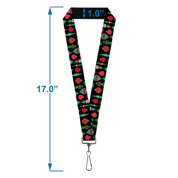 Buckle-Down Lanyard - 1.0" - Christman Holiday Finial Bauble Ornaments Black/Reds/Greens