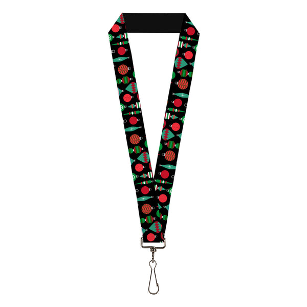 Buckle-Down Lanyard - 1.0" - Christman Holiday Finial Bauble Ornaments Black/Reds/Greens