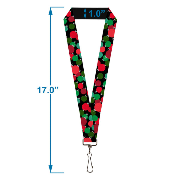 Buckle-Down Lanyard - 1.0" - Christman Holiday Globe Ball Ornaments Stacked Black/Reds/Greens
