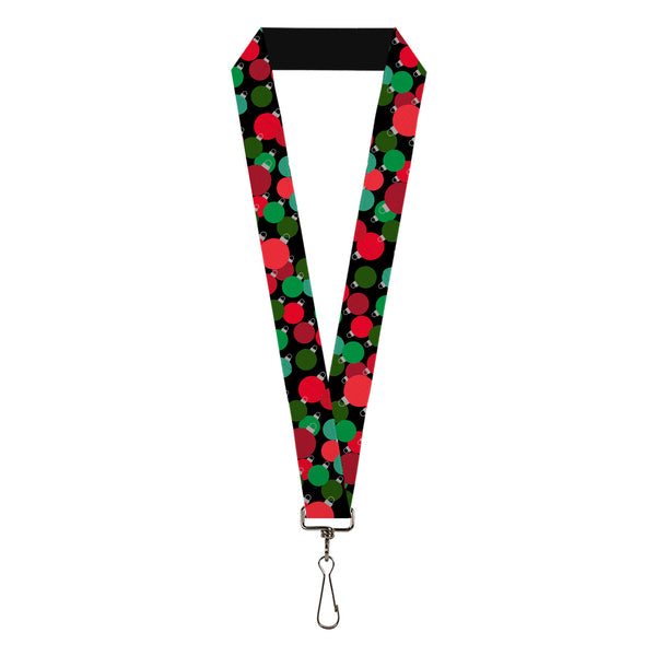 Buckle-Down Lanyard - 1.0" - Christman Holiday Globe Ball Ornaments Stacked Black/Reds/Greens