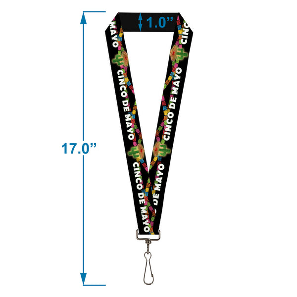Buckle-Down Lanyard - 1.0" - CINCO DE MAYO Cactus/Papel Picado Black/White/Multi Color