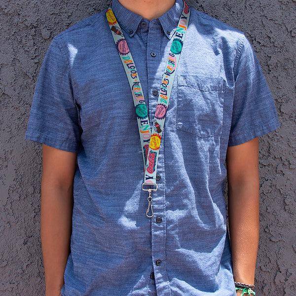 Buckle-Down Lanyard - 1.0" - COCA-COLA DELICIOUS REFRESHING ENJOY Bottle Caps Light Blue/Multi Color