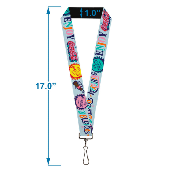 Buckle-Down Lanyard - 1.0" - COCA-COLA DELICIOUS REFRESHING ENJOY Bottle Caps Light Blue/Multi Color