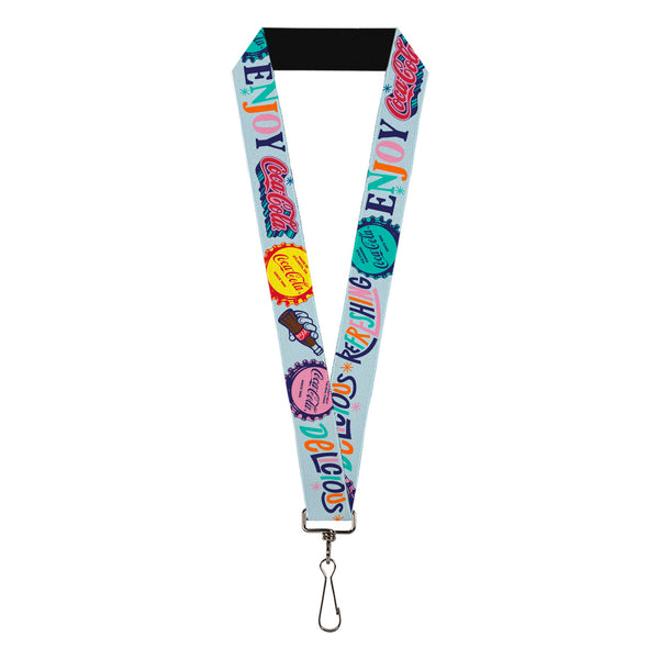 Buckle-Down Lanyard - 1.0" - COCA-COLA DELICIOUS REFRESHING ENJOY Bottle Caps Light Blue/Multi Color