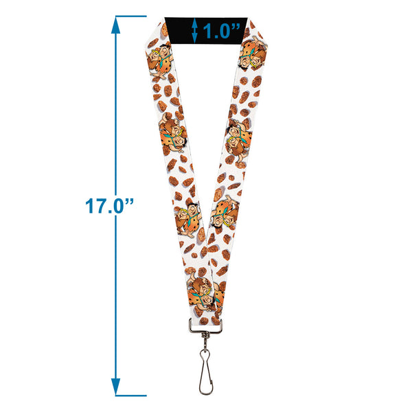 Buckle-Down Lanyard - 1.0" - Cocoa Pebbles Fred Flintstone And Barney Rubble Hugging Pose And Cereal Pebbles Scattered White/Browns