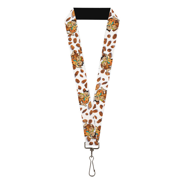 Buckle-Down Lanyard - 1.0" - Cocoa Pebbles Fred Flintstone and Barney Rubble Hugging Pose and Cereal Pebbles Scattered White/Browns