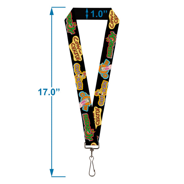 Buckle-Down Lanyard - 1.0" - COW AND CHICKEN Title Logo And Poses With RED GUY Black