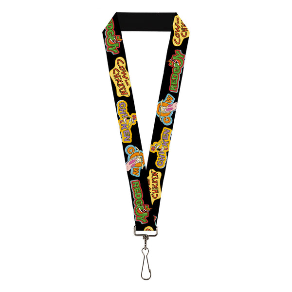 Buckle-Down Lanyard - 1.0" - COW AND CHICKEN Title Logo and Poses with RED GUY Black