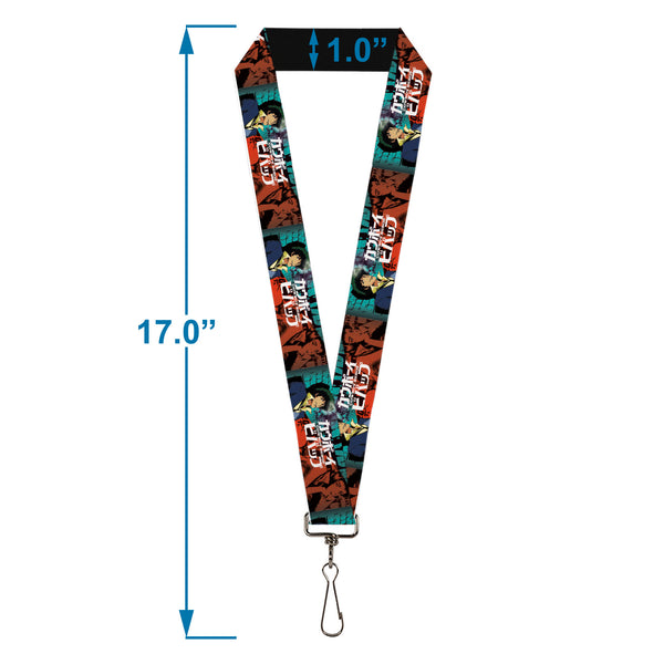 Buckle-Down Lanyard - 1.0" - COWBOY BEBOP Spike And Faye Brick Pose And Title Logo Blues/Reds